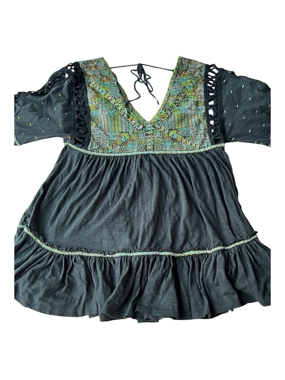 Boho Free People Black Mini Dress with Green Embroidered Yoke S